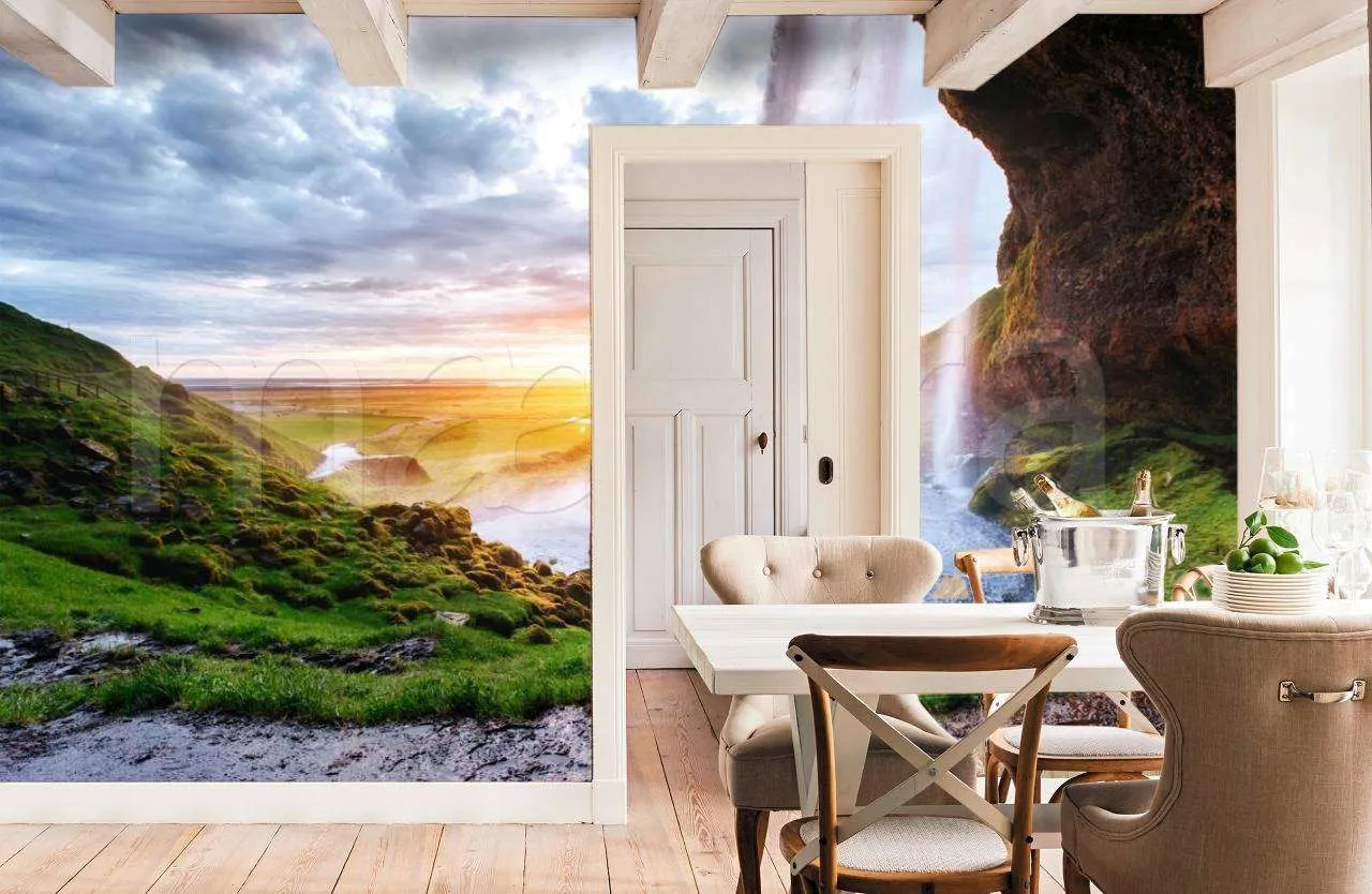 Фотообои в интерьере водопад на фоне заката  9-852 фото