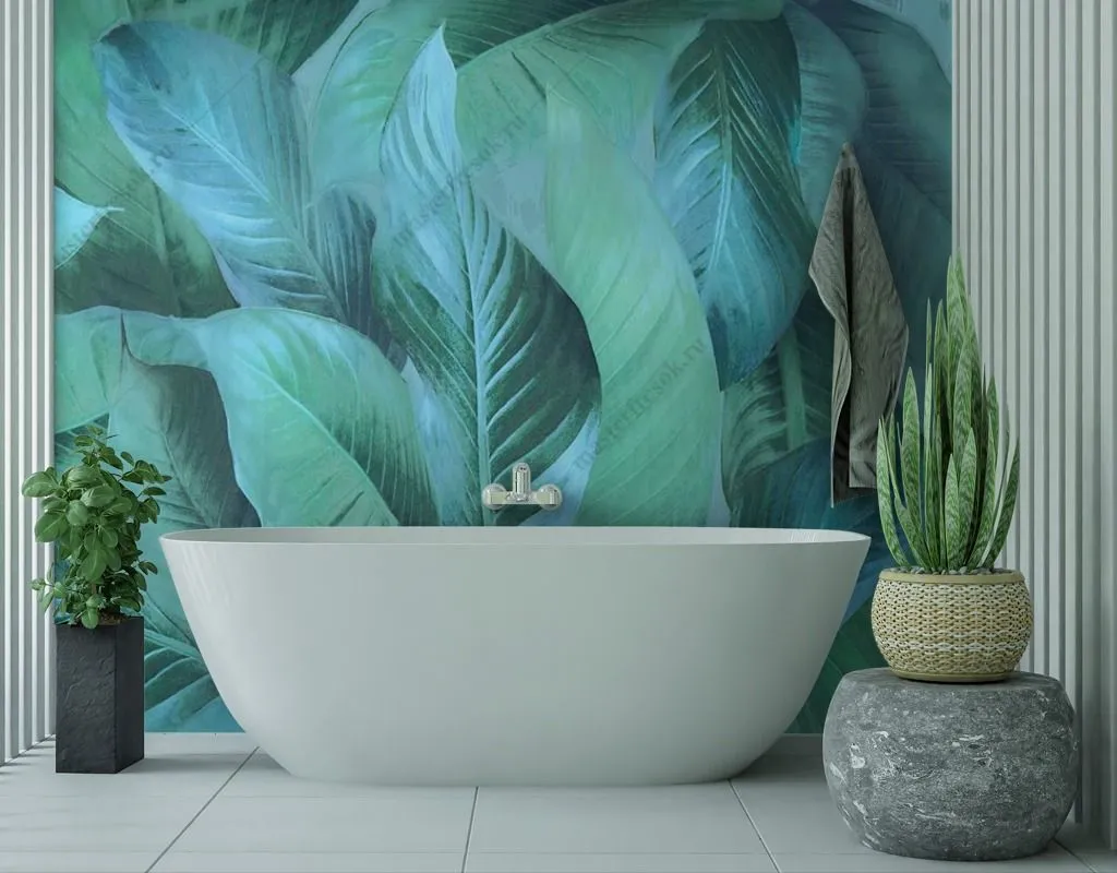 Фотообои в интерьере зеленые тропические листья  13-399 фото