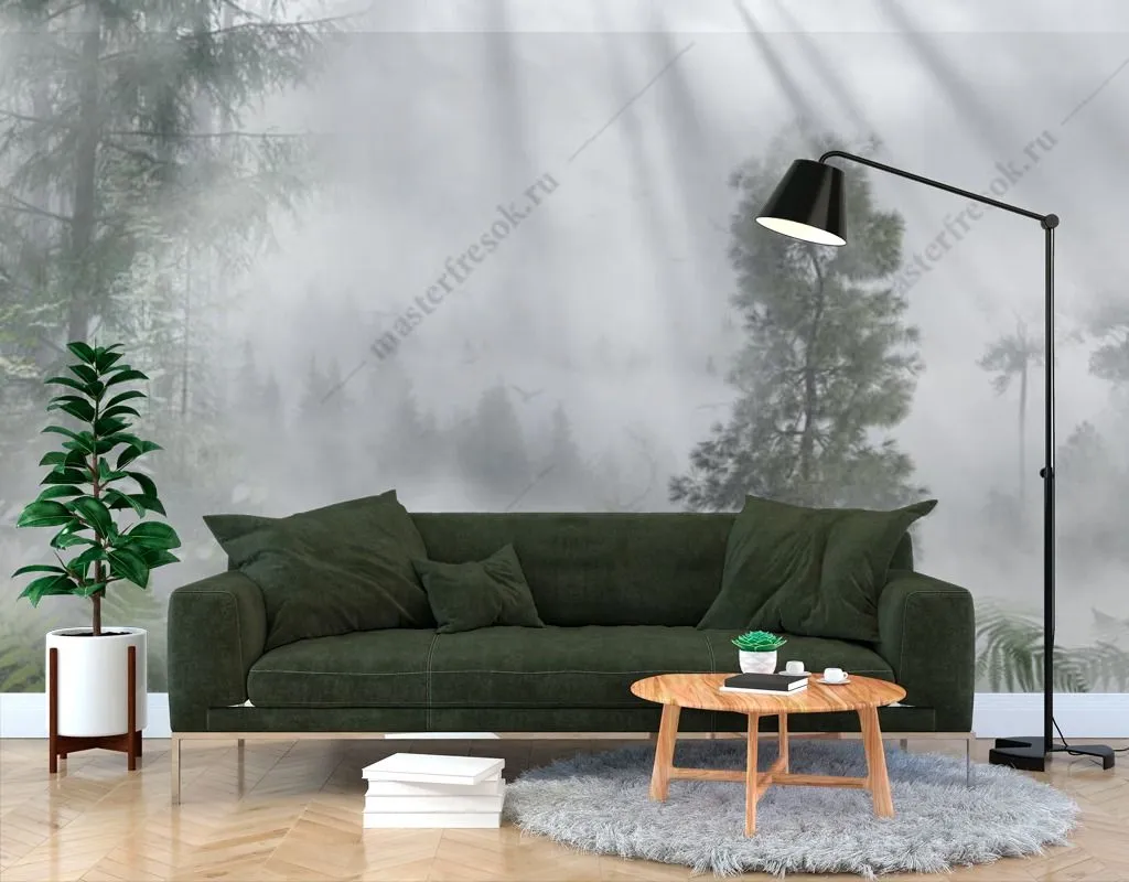 Фотообои в интерьере лучи солнца в туманном лесу  13-465 фото