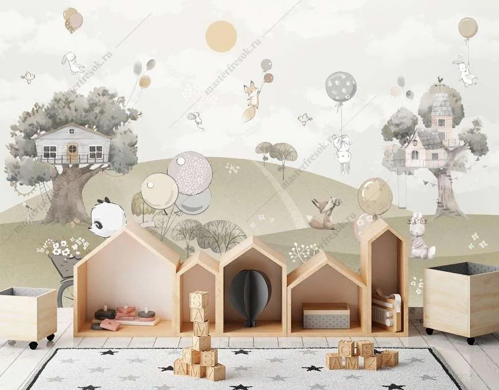 Фотообои в интерьере мишка на велосипеде на полянке  12-1503 фото