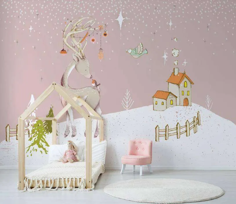 Фотообои в интерьере олененок и новый год  15-180 фото