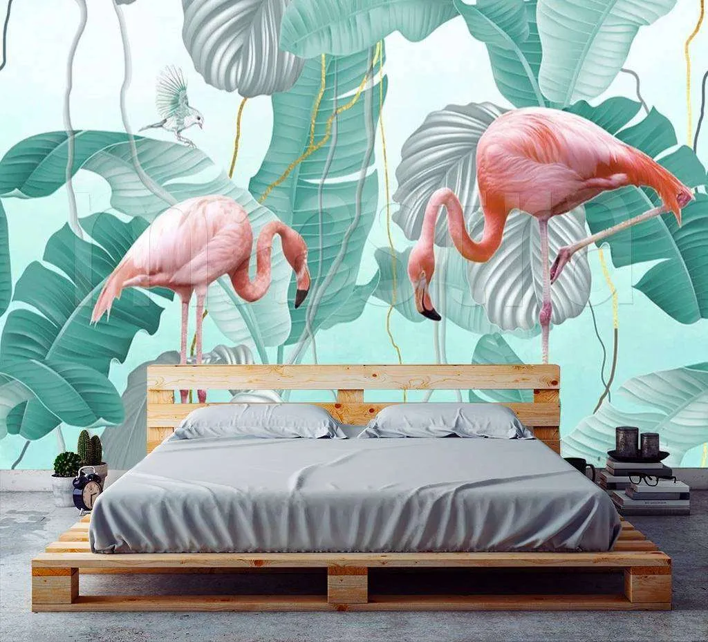 Фотообои Бесшовные обои на стену:  Фламинго в тропических листьях. Артикул: 15-514  