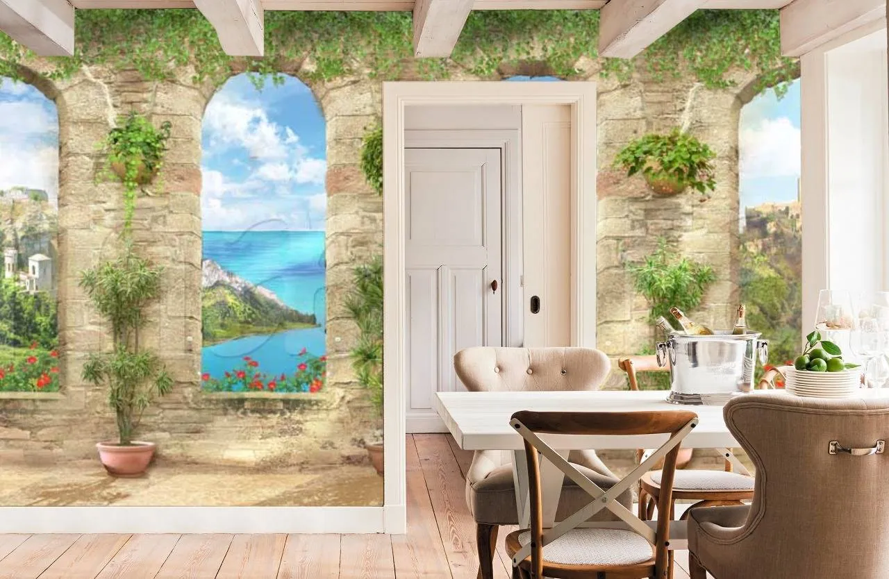 Фотообои в интерьере узкие арки с видом на море  11-170 фото