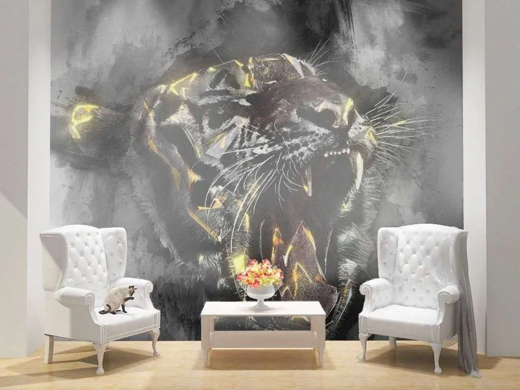 Фотообои в интерьере оскал золотого тигра  17-4295 фото