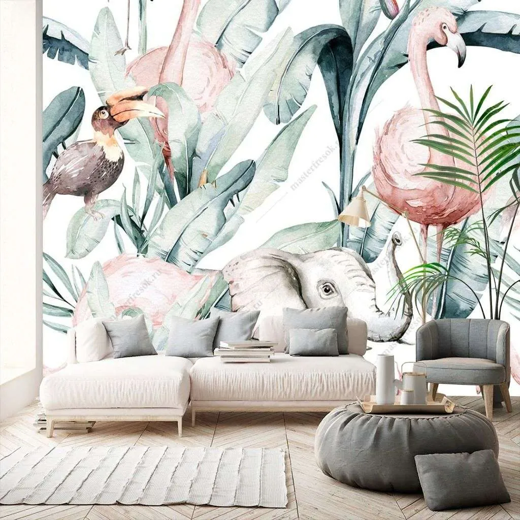 Фотообои в интерьере животные в тропических листьях  14-201 фото