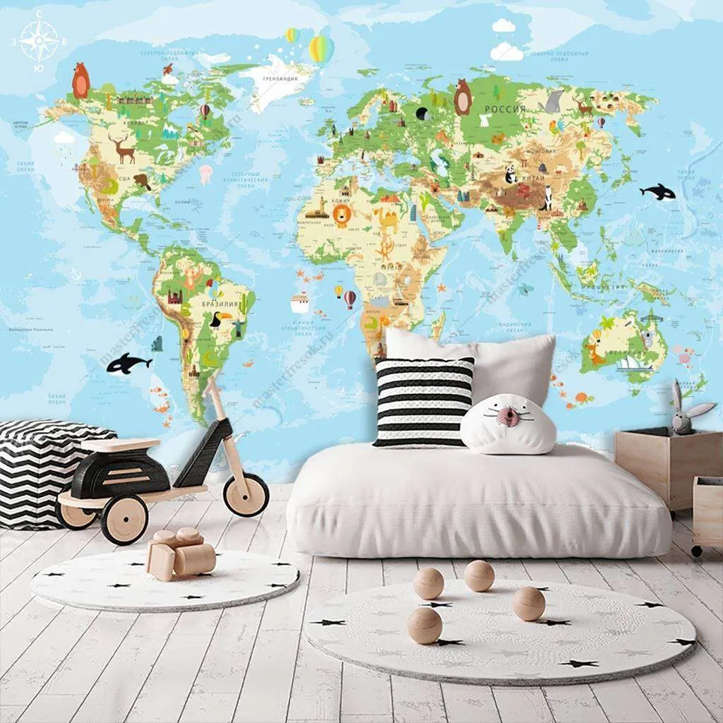 Фотообои в интерьере карта мира цветная  12-998 фото