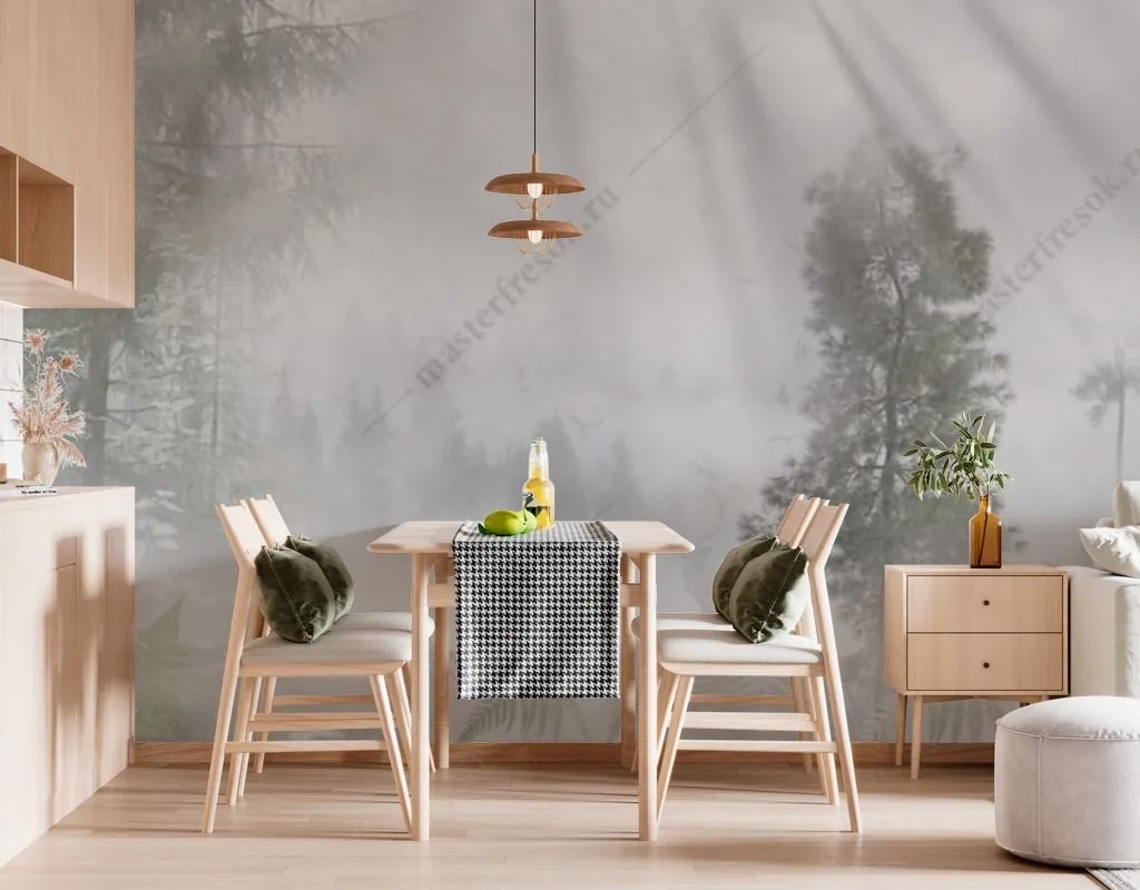 Фотообои в интерьере лучи солнца в туманном лесу  13-465 фото