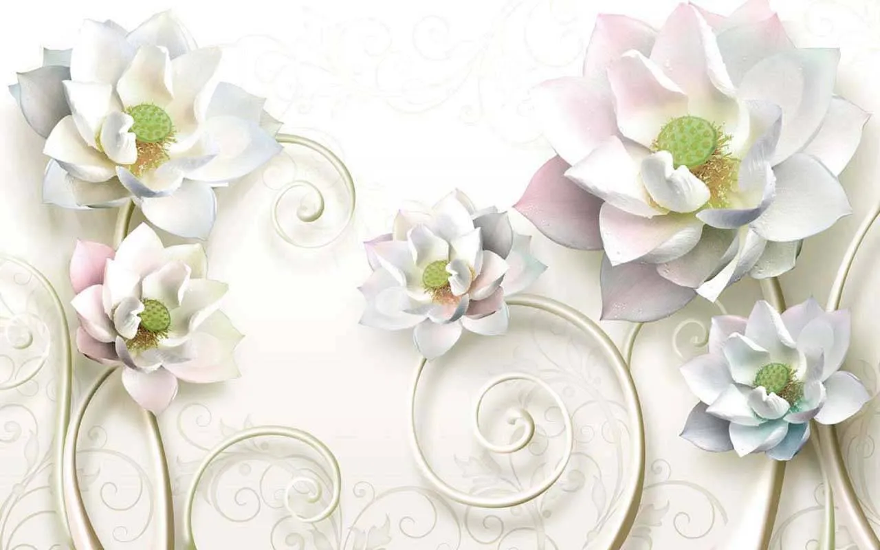 Фотообои в интерьере 3д цветы на белом фоне с завитками  10-523 фото