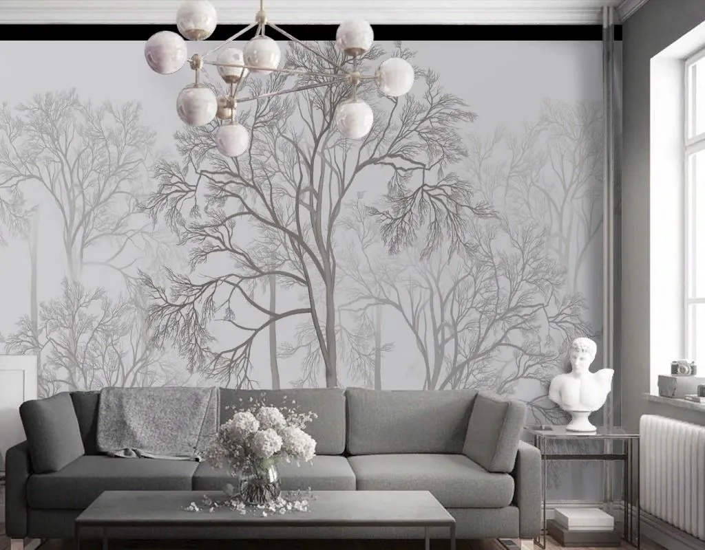 Фотообои в интерьере лес темный на светлом фоне  13-707 фото