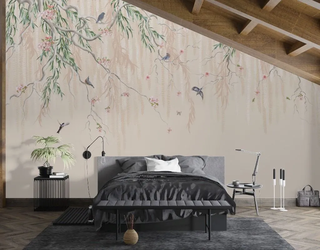 Фотообои в интерьере нежные веточки с птицами  13-721 фото