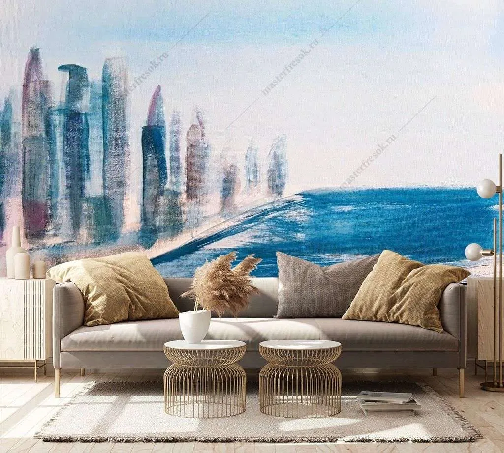 Фотообои в интерьере голубой город на берегу  9-1330 фото