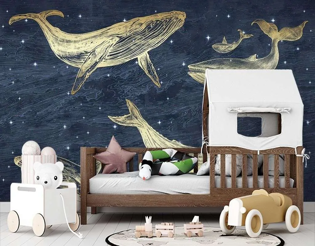 Фотообои в интерьере золотые киты на синем фоне   14-764 фото