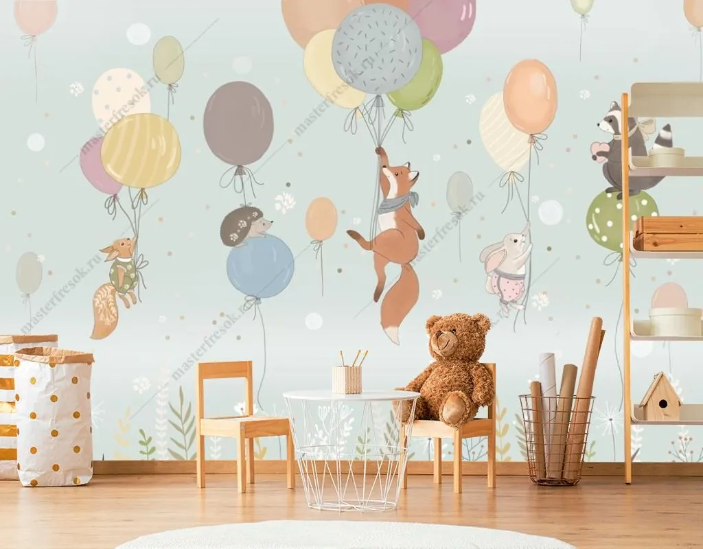 Фотообои в интерьере лисичка с друзьями на шариках  14-680 фото