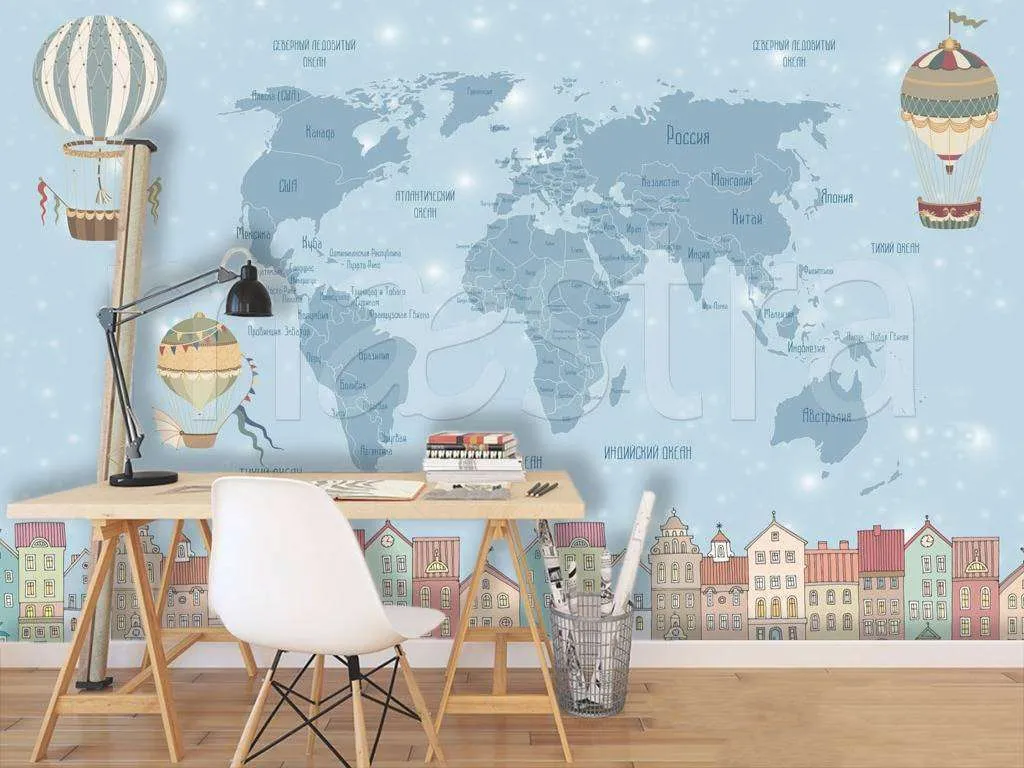 Фотообои в интерьере карта русская с домиками  12-502 фото