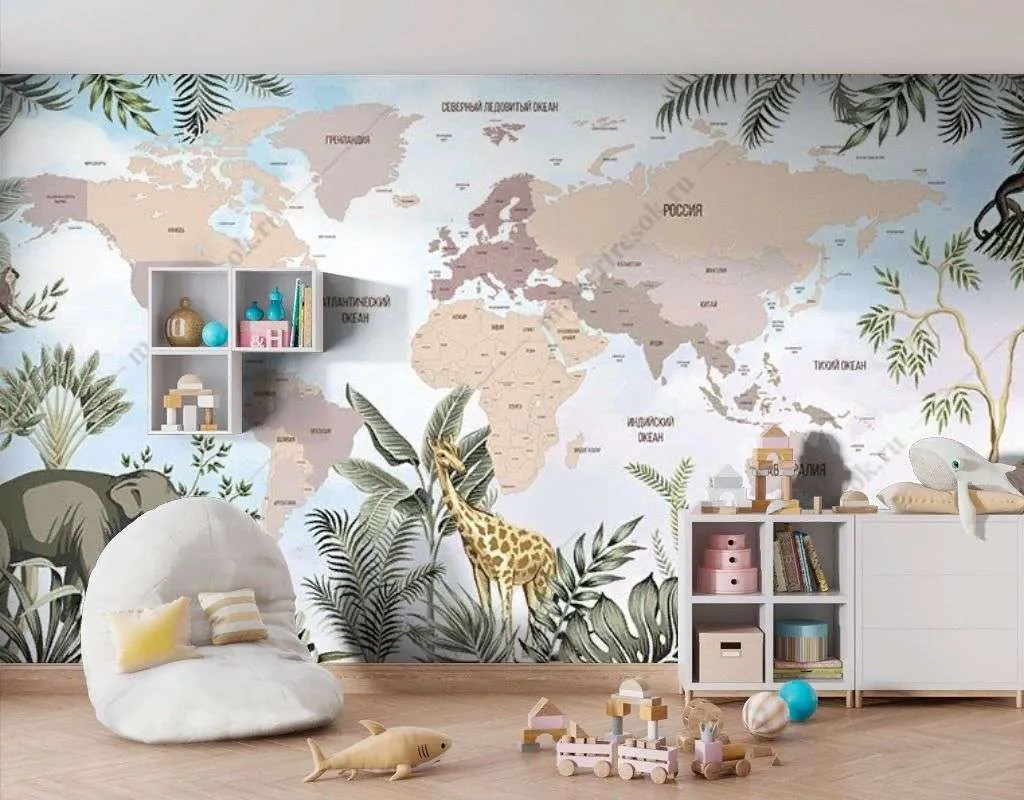 Фотообои в интерьере карта мира и джунгли  12-1428 фото