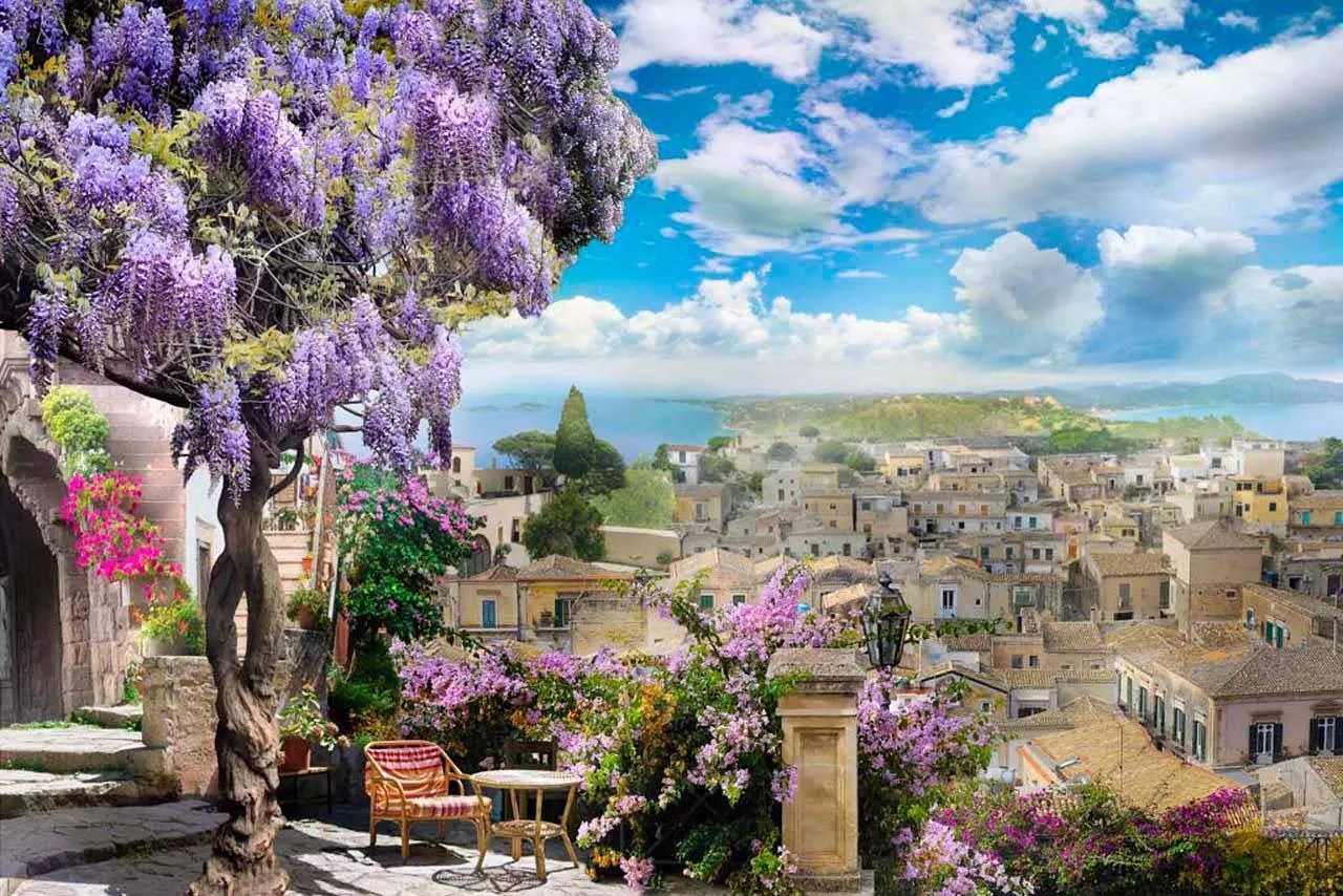 Фотообои в интерьере дерево сирени с видом на город  7-086 фото