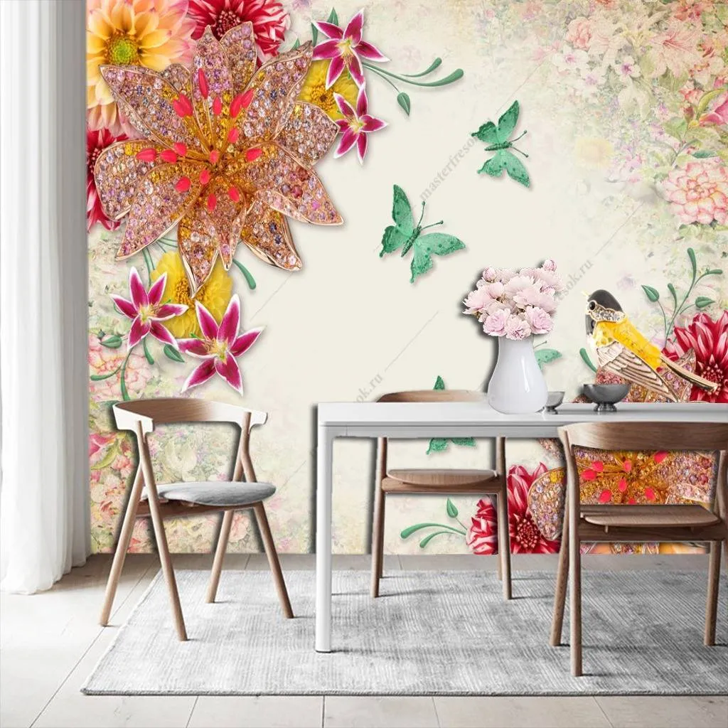 Фотообои в интерьере бабочки на цветах  10-724 фото