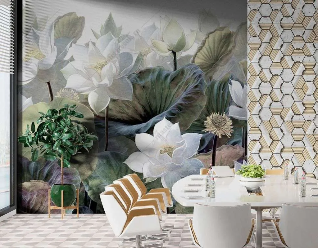 Фотообои в интерьере лотосы на белом фоне  9-1637 фото