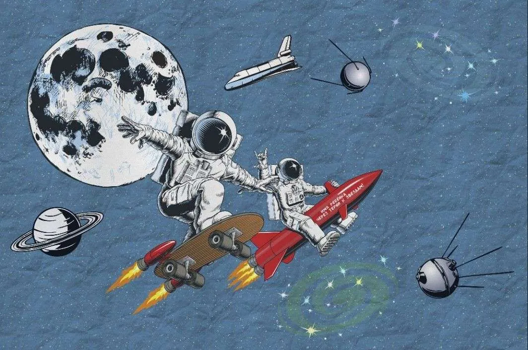 Фотообои в интерьере космонавт на скейте в детскую   14-732 фото