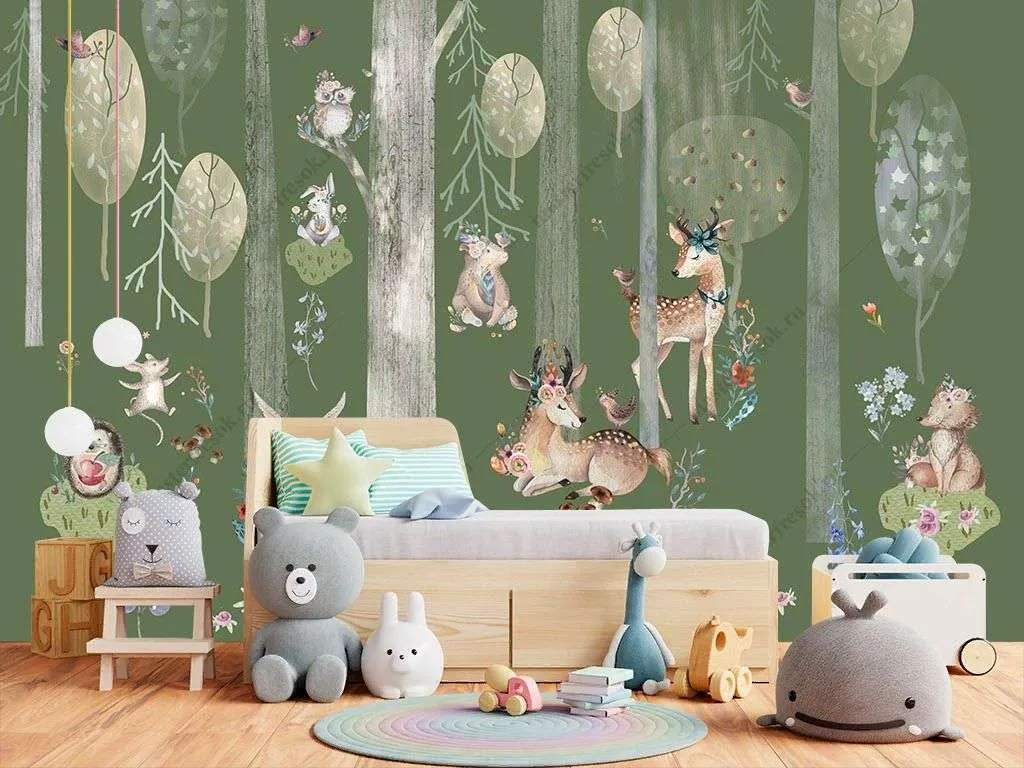 Фотообои в интерьере зеленый лес с животными  12-1296 фото