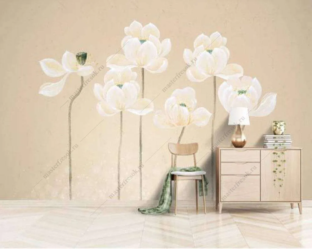 Фотообои в интерьере белые маки  15-892 фото