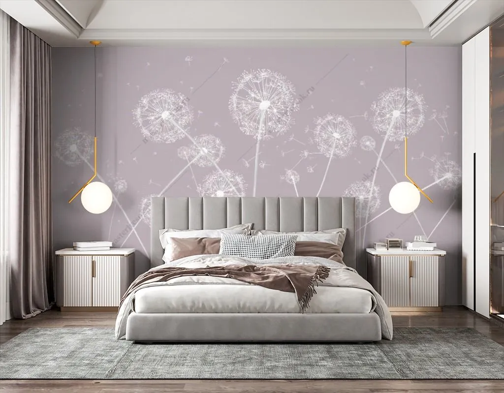 Фотообои в интерьере одуванчики на розовом фоне  14-527 фото