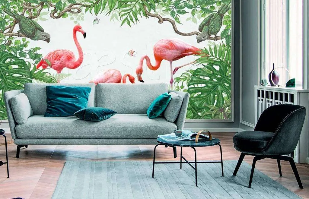 Фотообои в интерьере фламинго в тропиках  15-527 фото