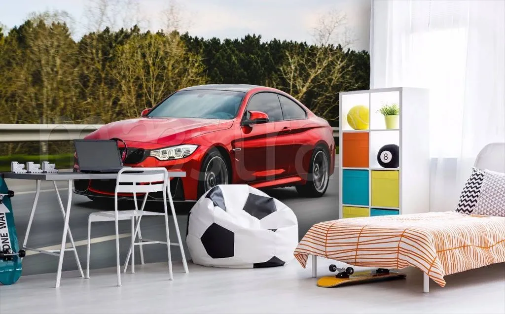 Фотообои Красная машина на дороге  12-593