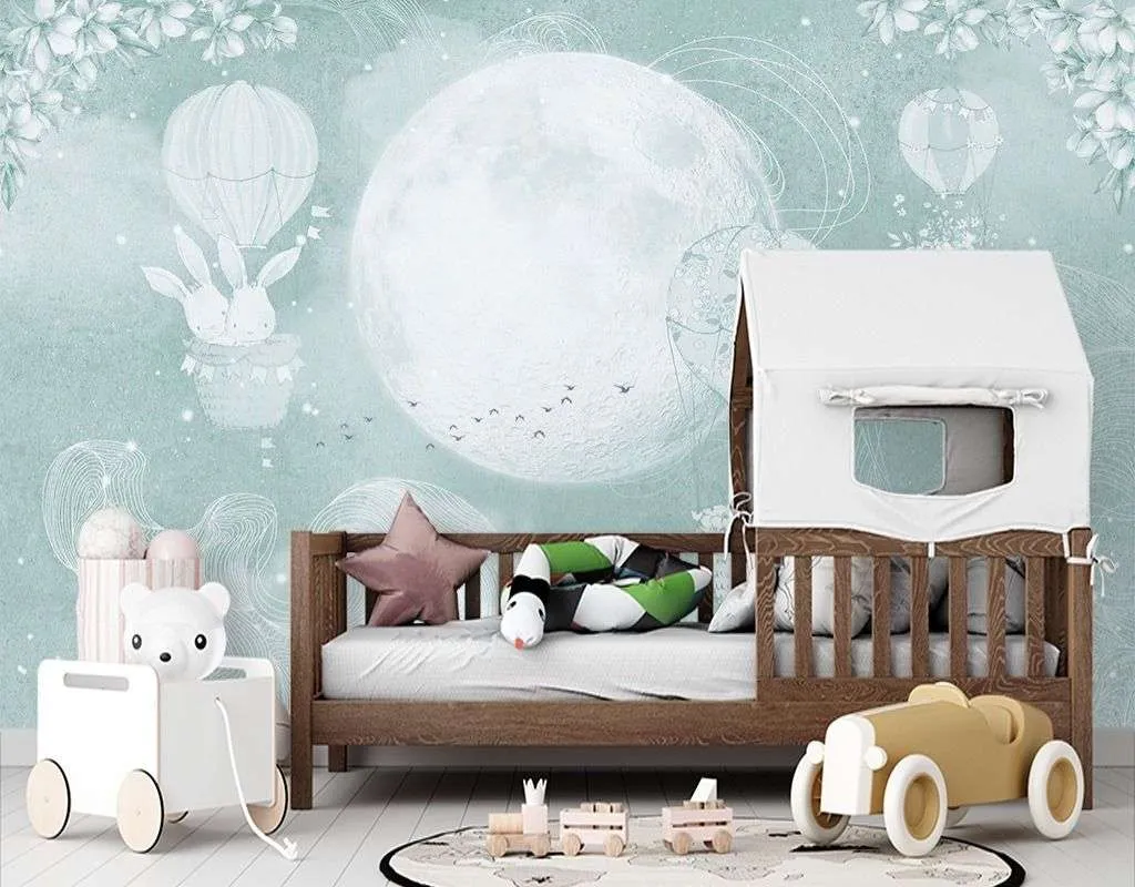 Фотообои в интерьере детские. зайки летят на шариках  12-1625 фото