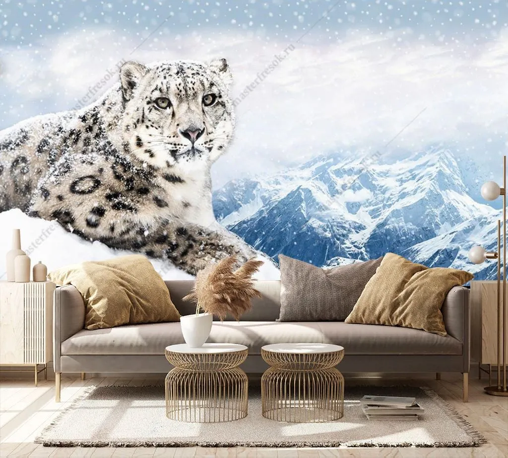 Фотообои в интерьере снежный барс в горах  14-279 фото