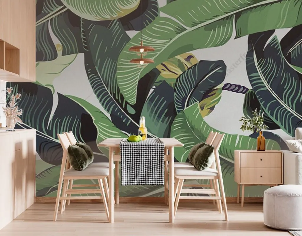 Фотообои в интерьере принт банановые листья  14-483 фото