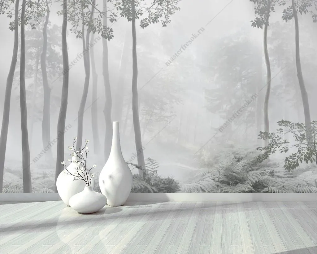 Фотообои в интерьере деревья в тумане  13-352 фото