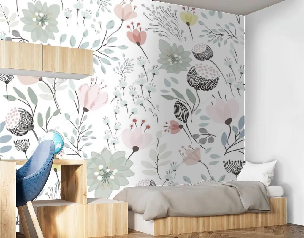 Фотообои в интерьере светлый цветочный принт  14-555 фото