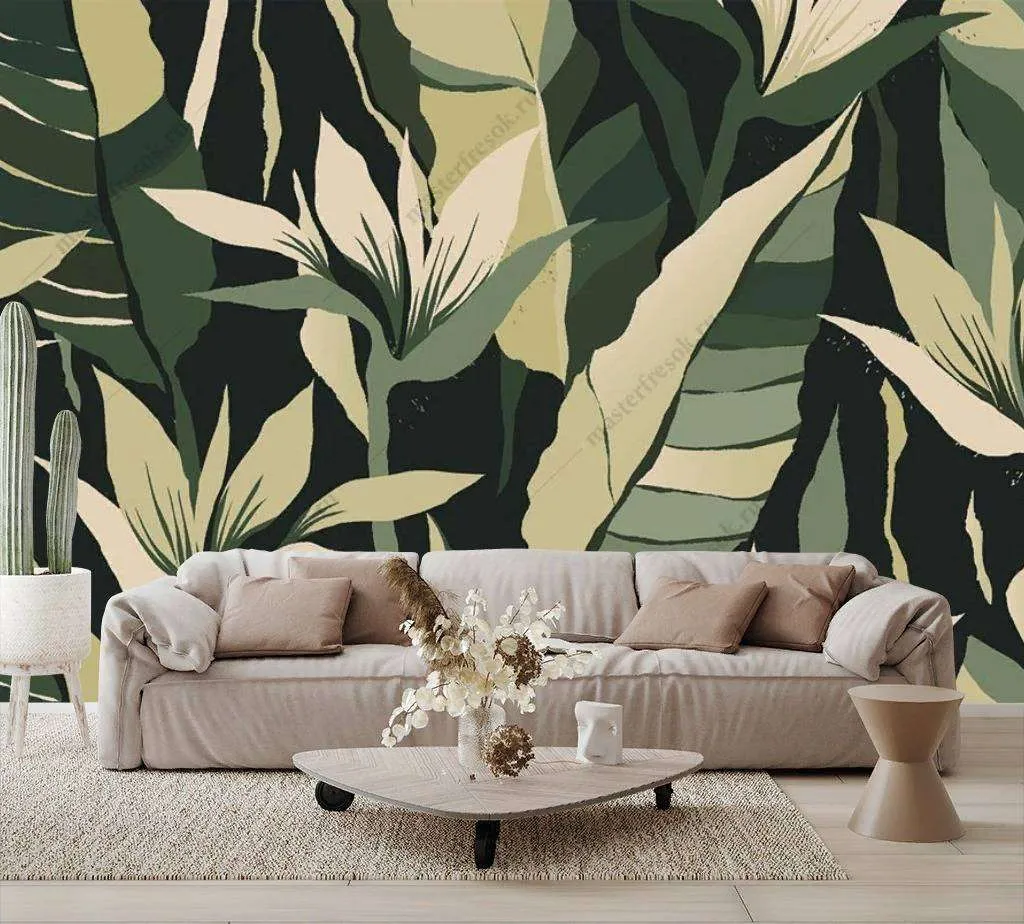 Фотообои в интерьере пальмовые листья на черном фоне  9-1117 фото