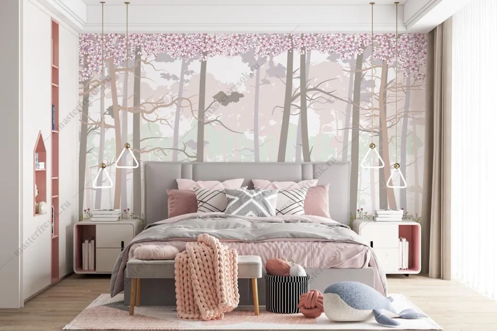 Фотообои в интерьере цветение сакуры в сказочном лесу  14-458 фото