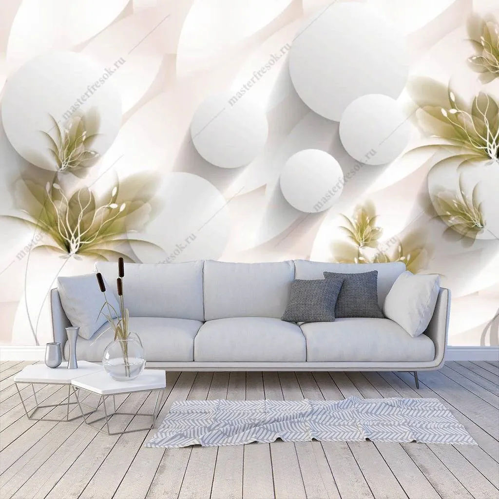 Фотообои в интерьере 3d белый фон с цветами  10-835 фото