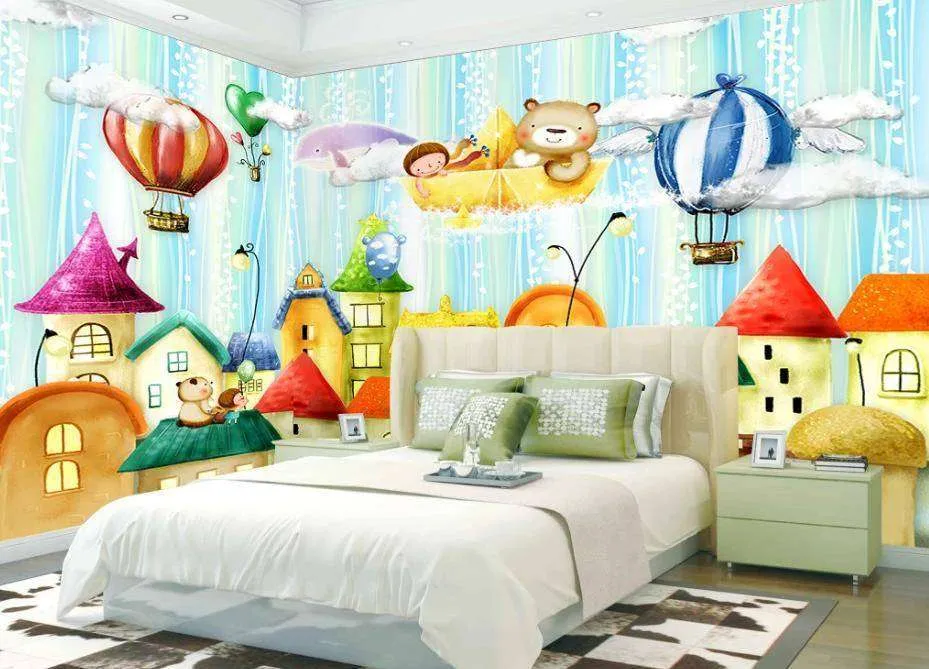 Фотообои в интерьере воздушные шары над домиками  15-310 фото