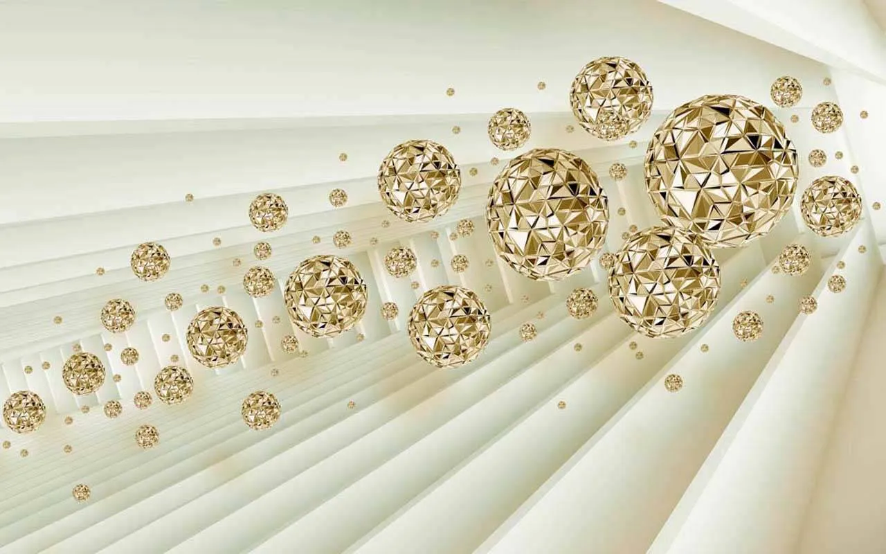 Фотообои в интерьере золотые 3д шары в полёте  10-538 фото