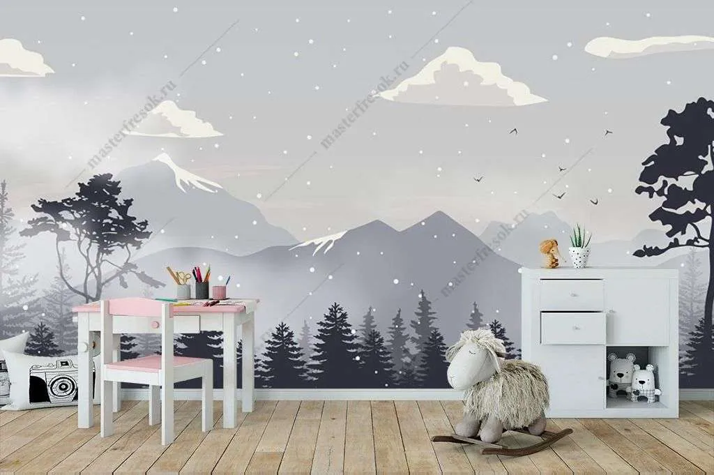 Фотообои в интерьере горы в тумане за лесом  14-348 фото