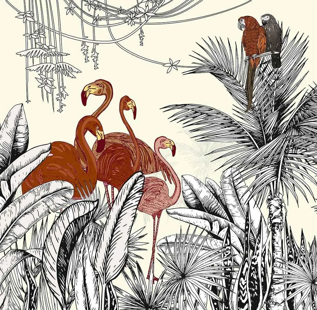 Фотообои в интерьере фламинго и попугаи в тропиках  12-1548 фото