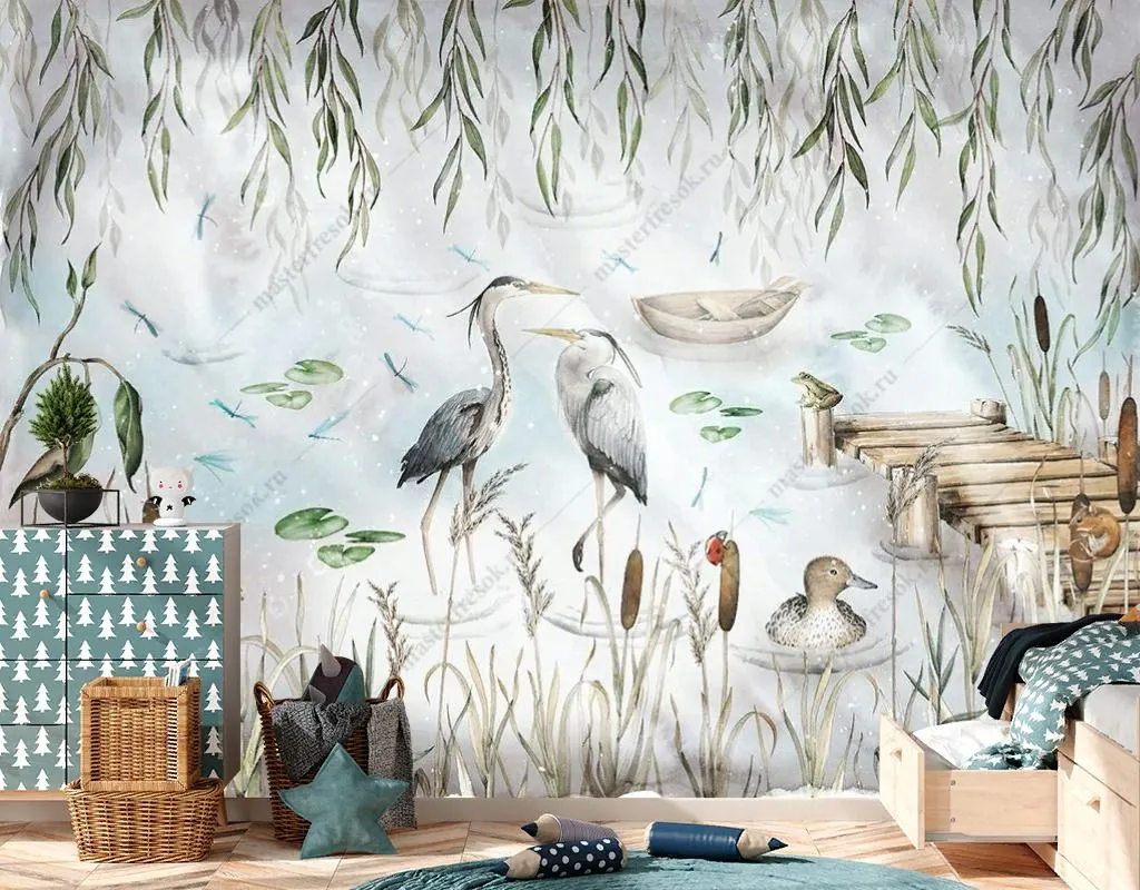 Фотообои в интерьере в детскую журавли на озере    9-1873 фото