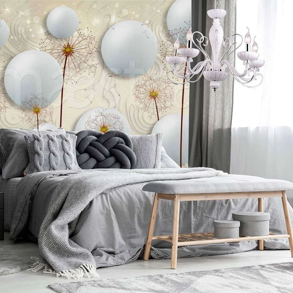 Фотообои в интерьере стереоскопические одуванчики с объемными шарами  7-476 фото