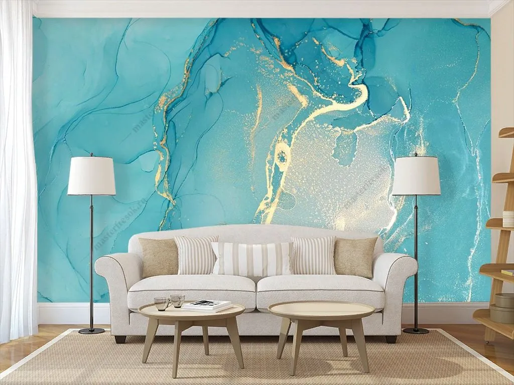 Фотообои в интерьере ярко голубой флюид  9-1440 фото