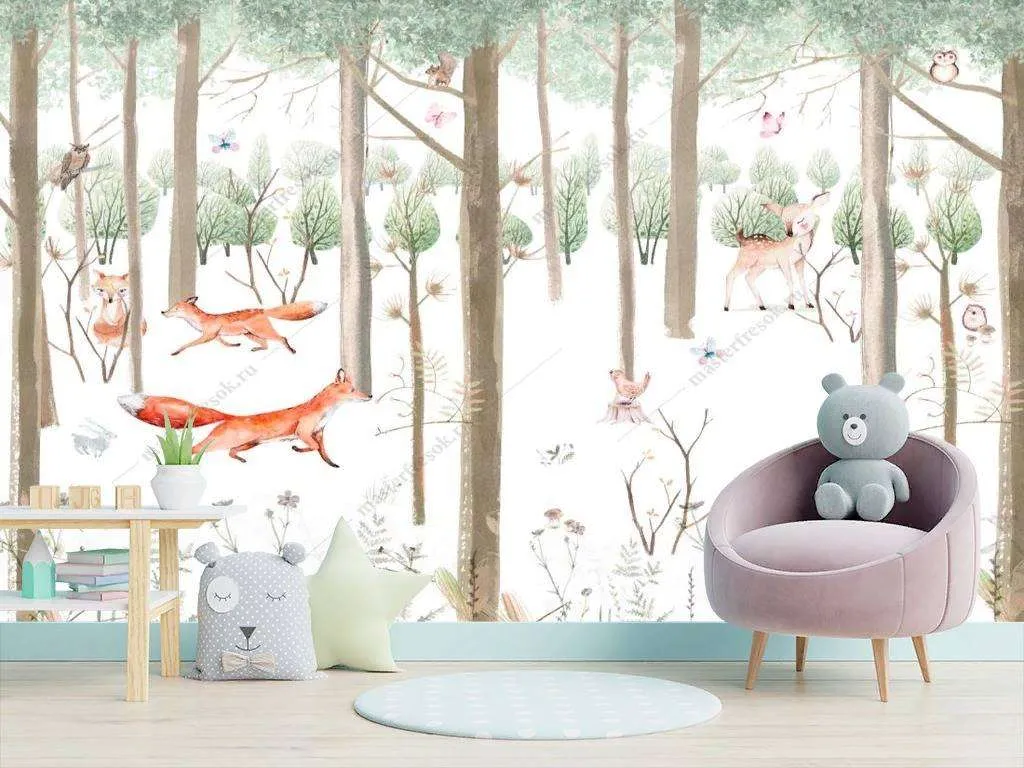 Фотообои в интерьере лисы в лесу  12-1239 фото