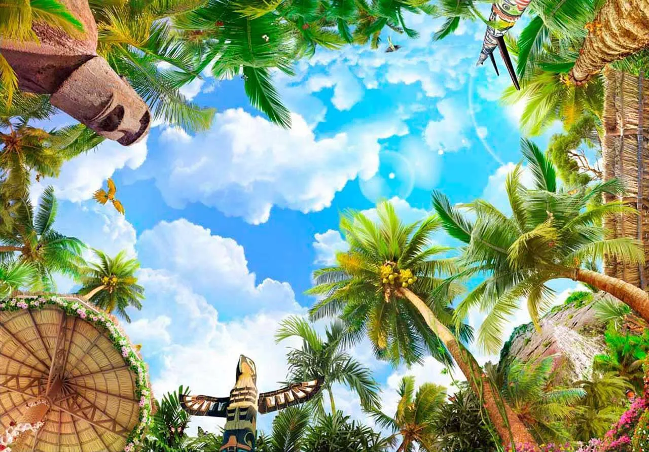 Фотообои в интерьере потолочный сюжет с пальмами изящно уходящими вверх  11-137 фото