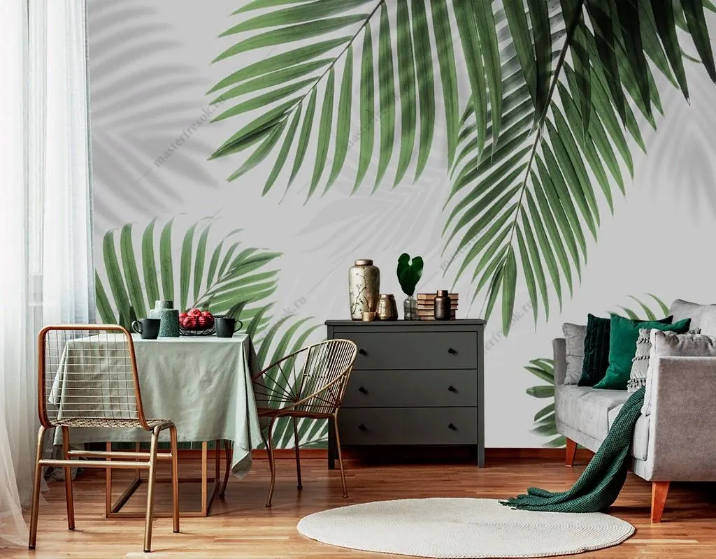 Фотообои в интерьере пальмовые листья зеленые  9-1807 фото