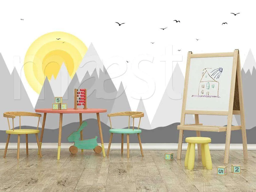 Фотообои в интерьере горы серые с солнцем  12-441 фото