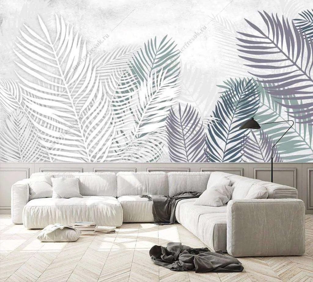 Фотообои в интерьере пальмовые листья на белом фоне  9-1196 фото