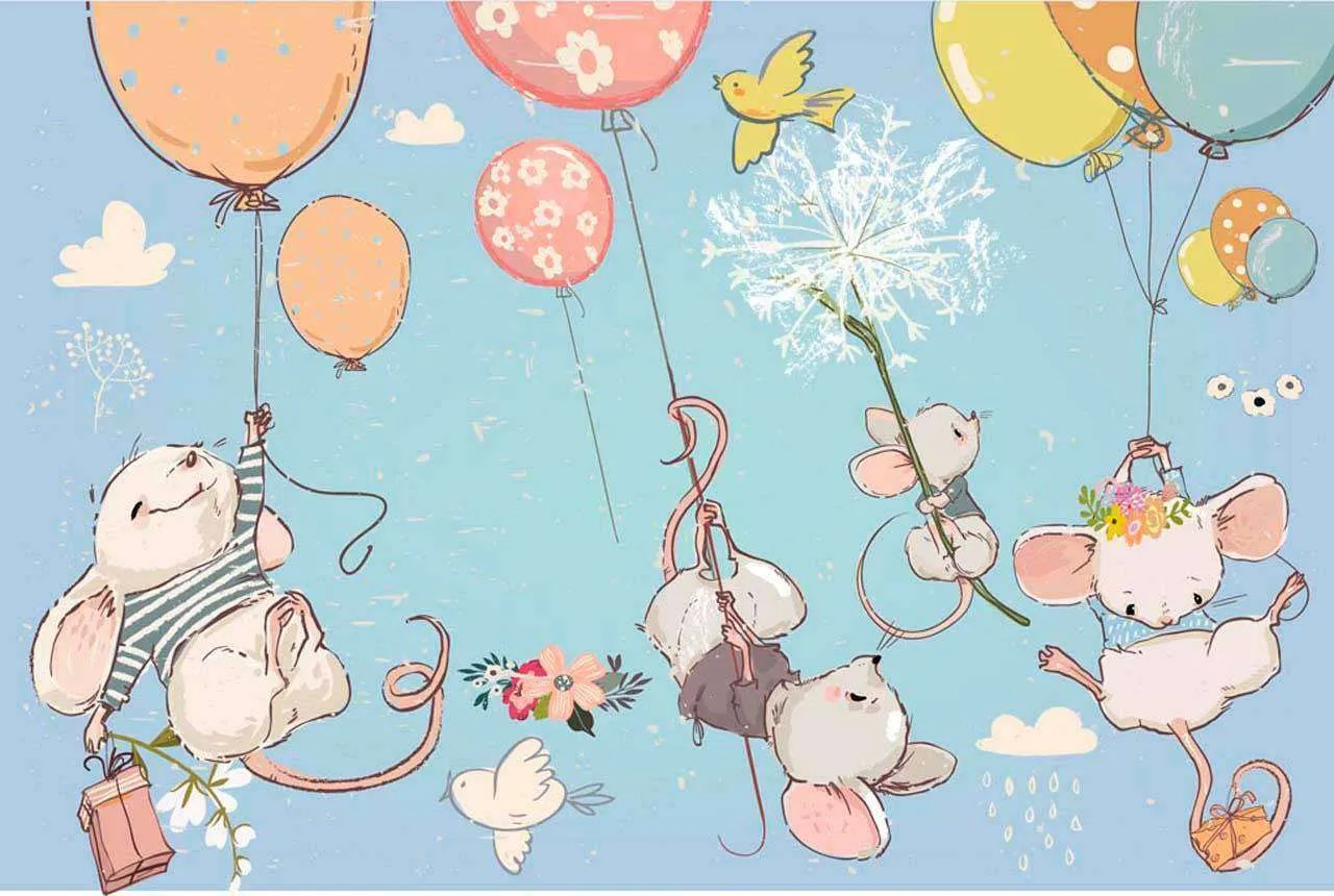 Фотообои в интерьере мыши на шарах на голубом фоне  12-337 фото