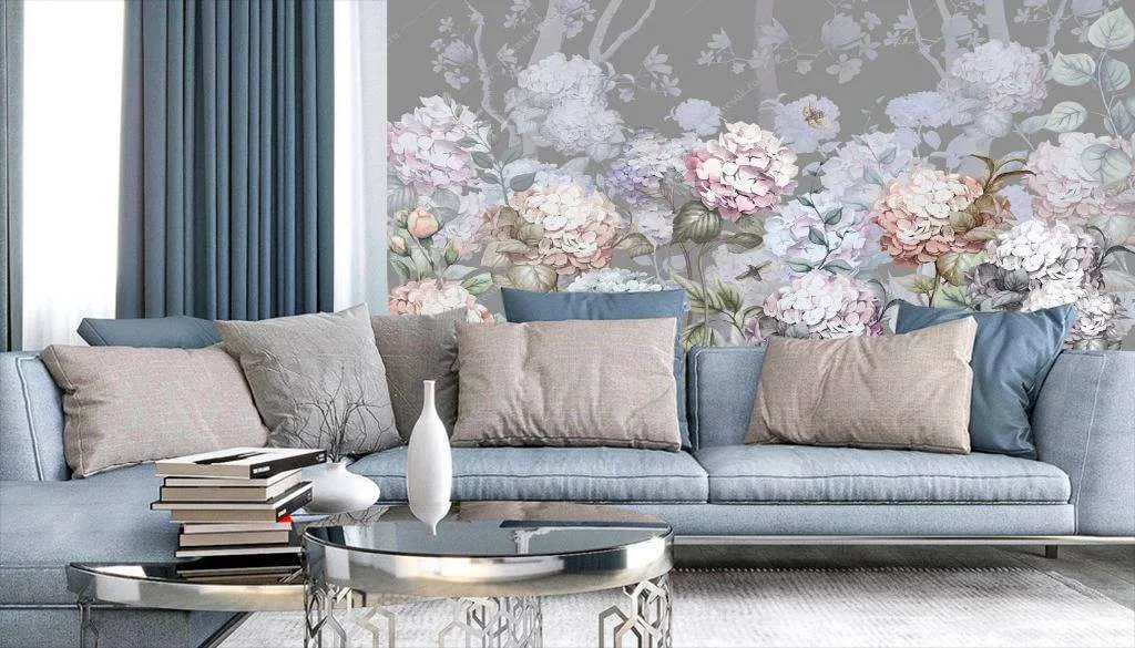 Фотообои в интерьере гортензии на темном фоне  13-108 фото